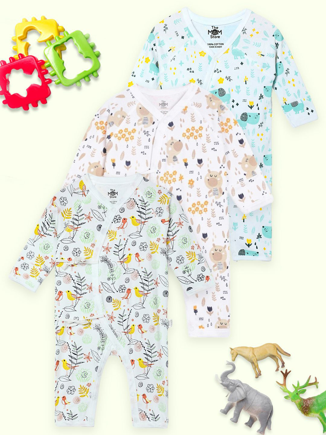 The Mom Store Infants Pack Of 3 Printed Cotton Rompers