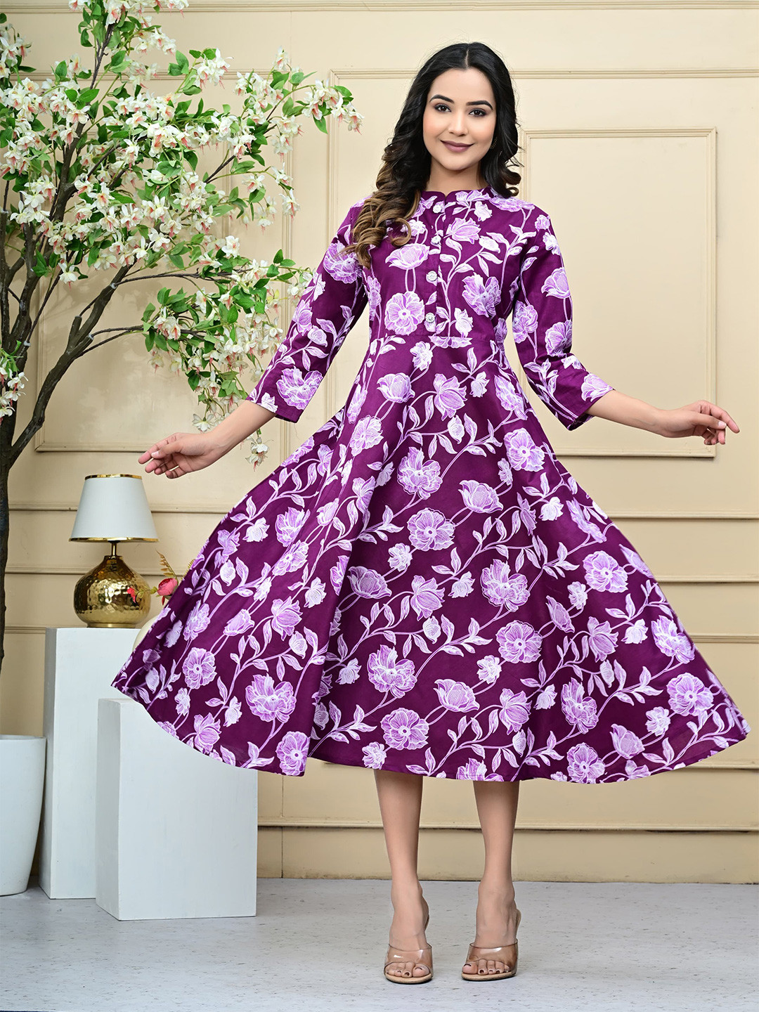 Arudhi Floral Printed Cotton Midi Gown Dress
