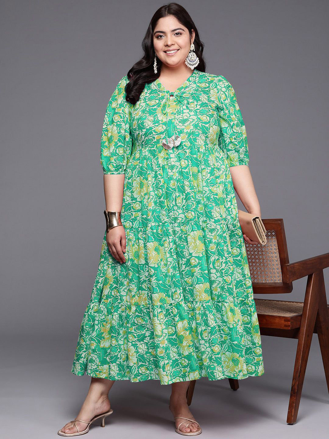 A PLUS BY AHALYAA Printed 100% Cotton Layered Maxi Ethnic Dress