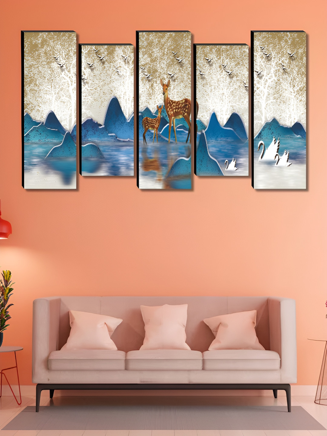 SAF White & Blue 5 Pieces Deer Wood Abstract Wall Art