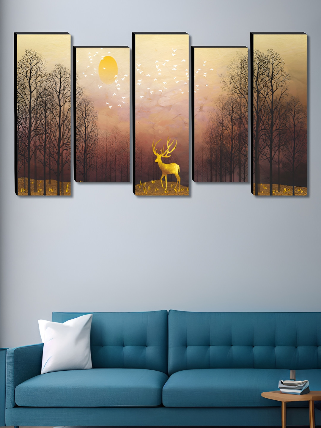 SAF Gold-Toned & Black 5 Pieces Wood Deer Birds and Animals Wall Art