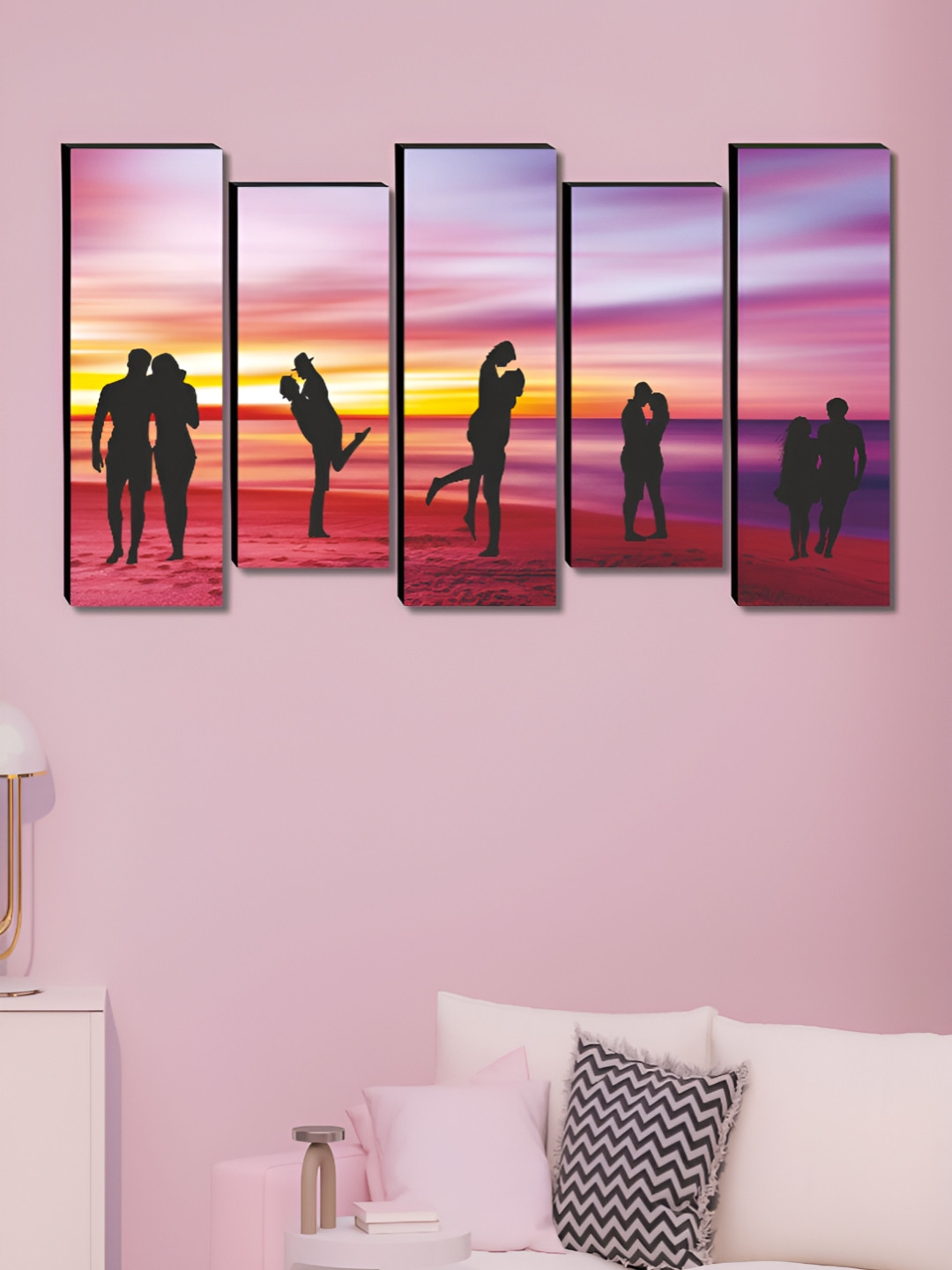 Aura Red & Black 5 Pieces Couples Printed Wooden Wall Paintings