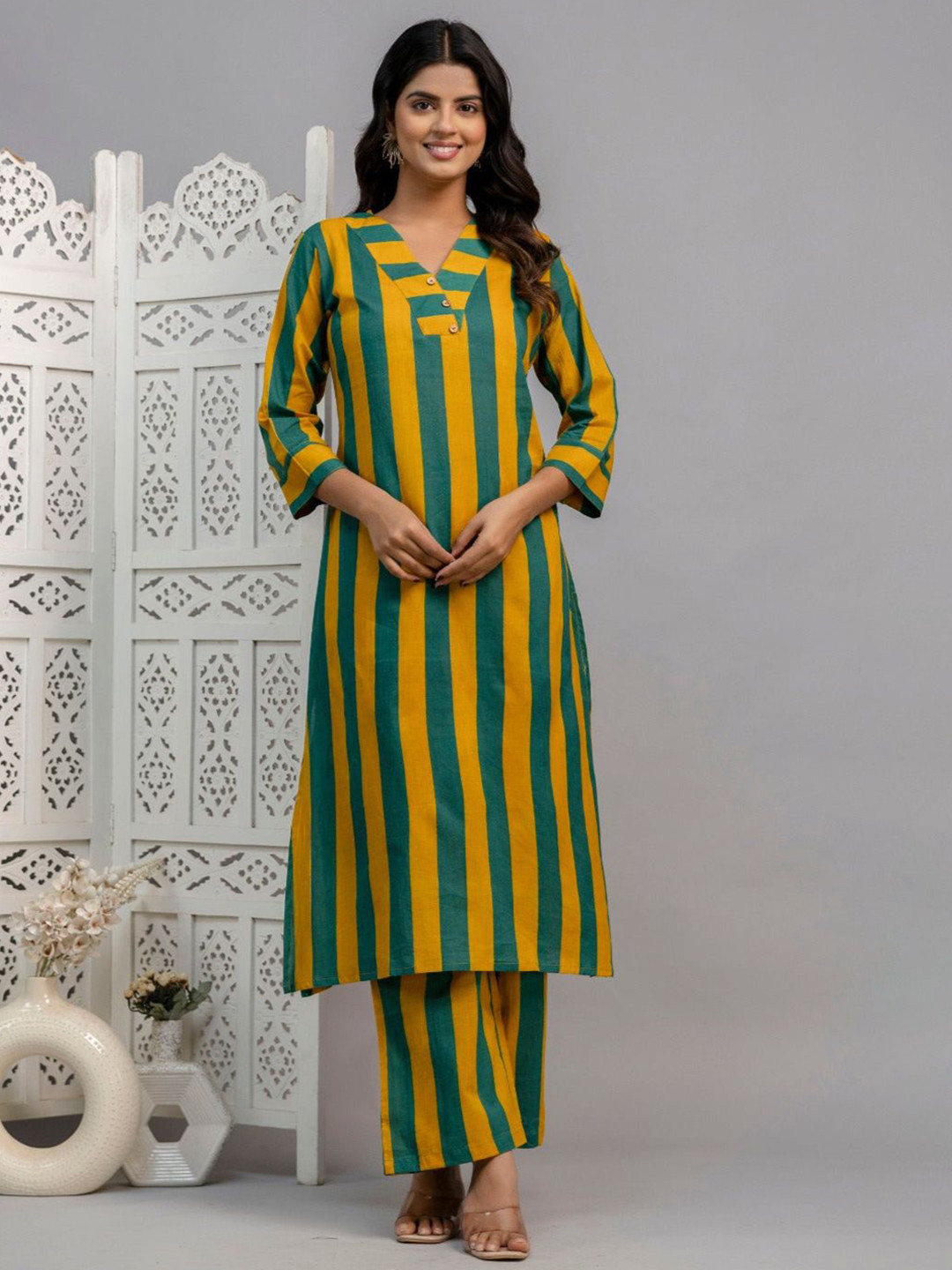 AUTUMN LANE Mika Pine Striped Pure Cotton Straight Kurta With Palazzos