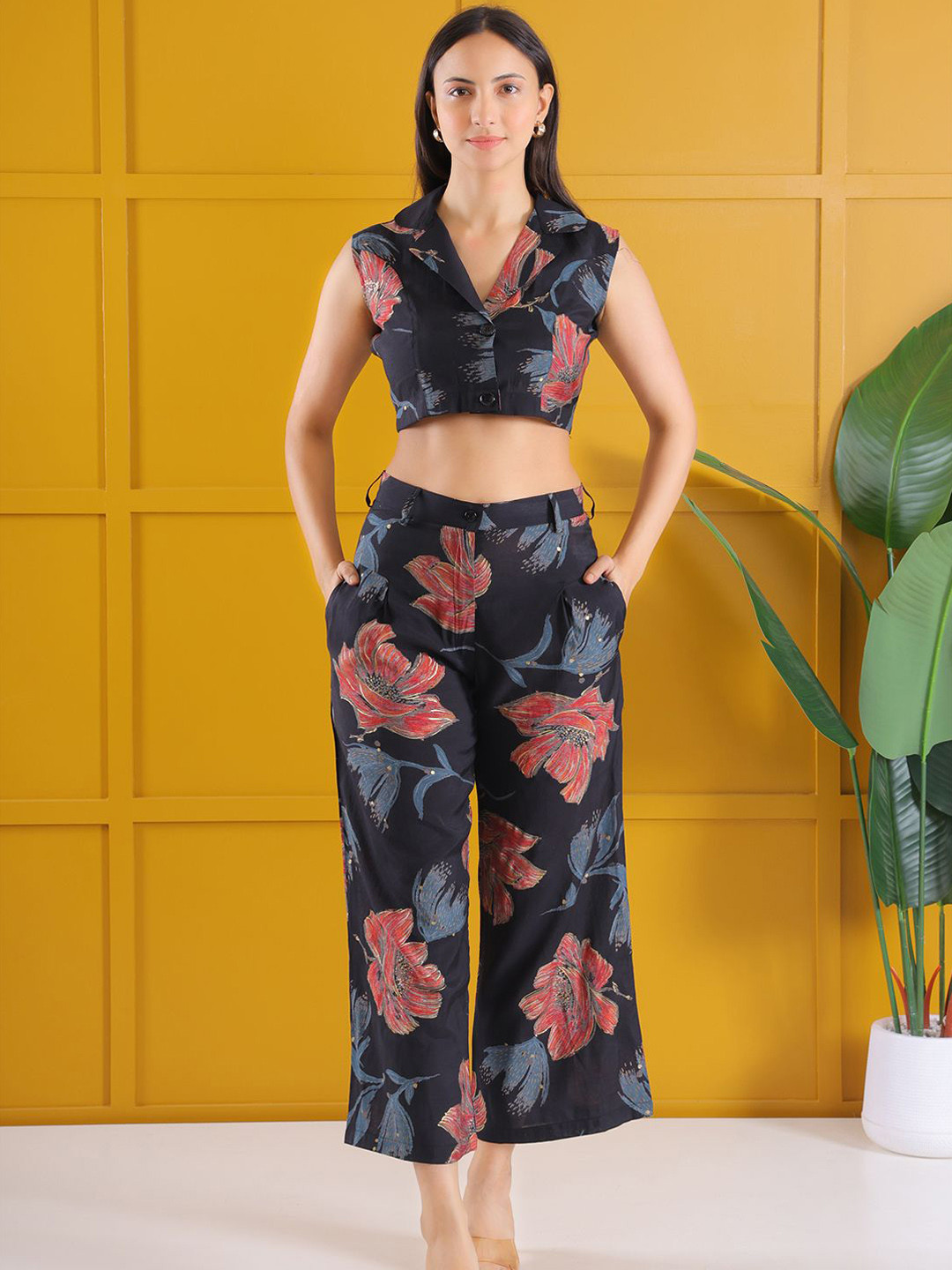 DARVI Dusky Rose Printed Notched Lapel Collar Top With Trouser