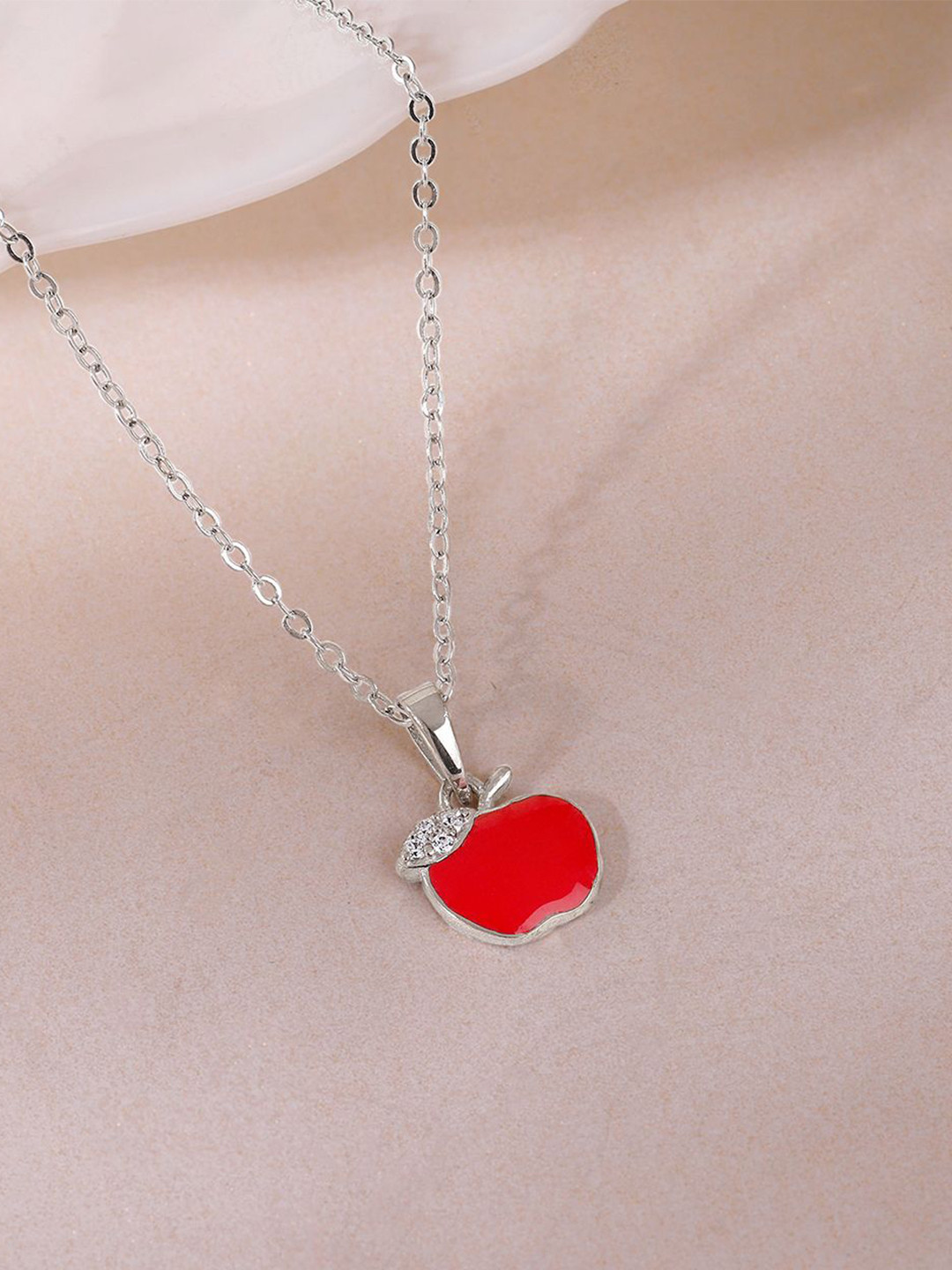 GIVA 925 Silver Rhodium-Plated Cubic Zirconia Studded Apple Kid's Pendant with Chain