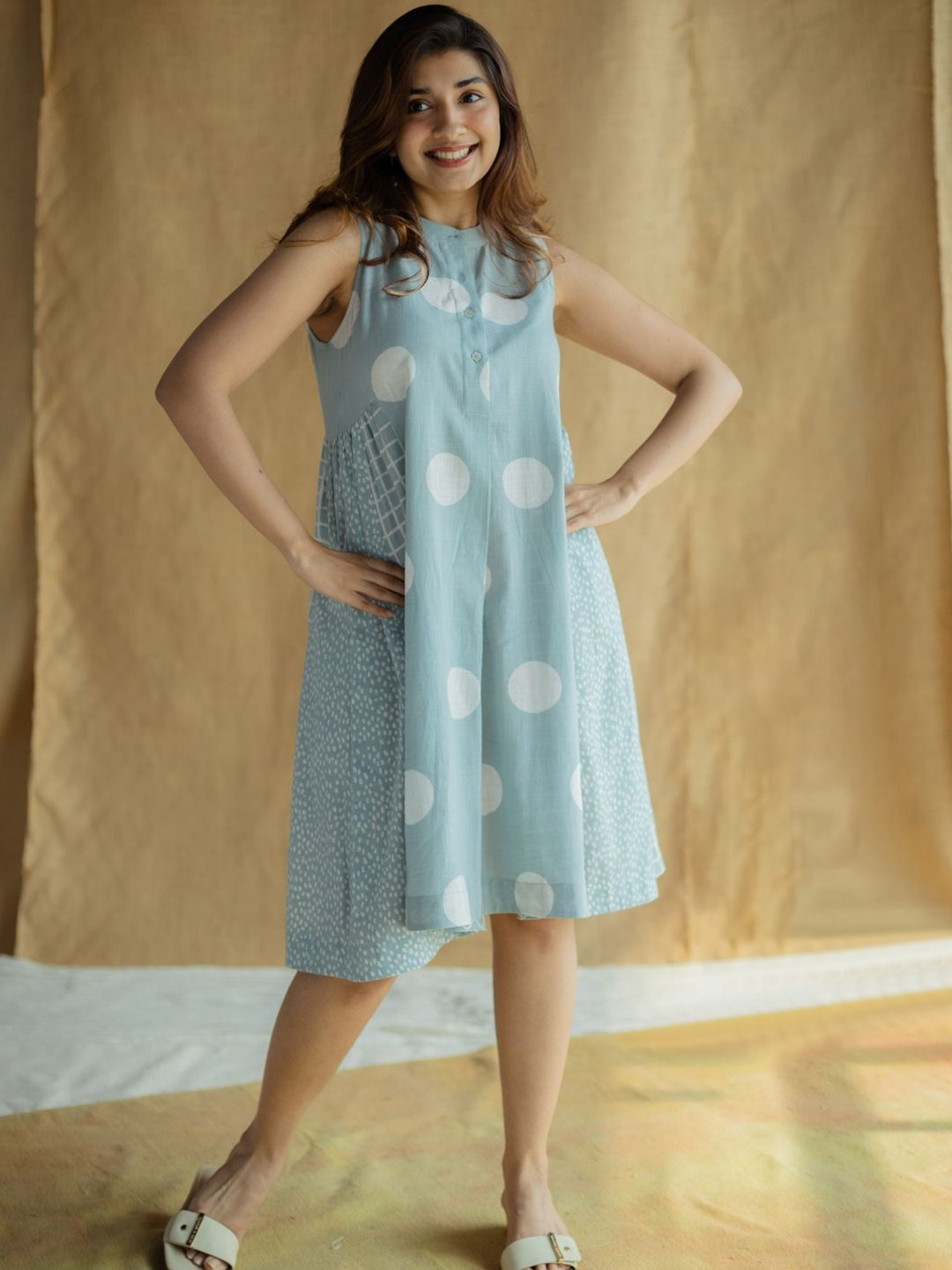 THE INDIAN ETHNIC CO Women Sky Blue A Line Slub Cotton Dress