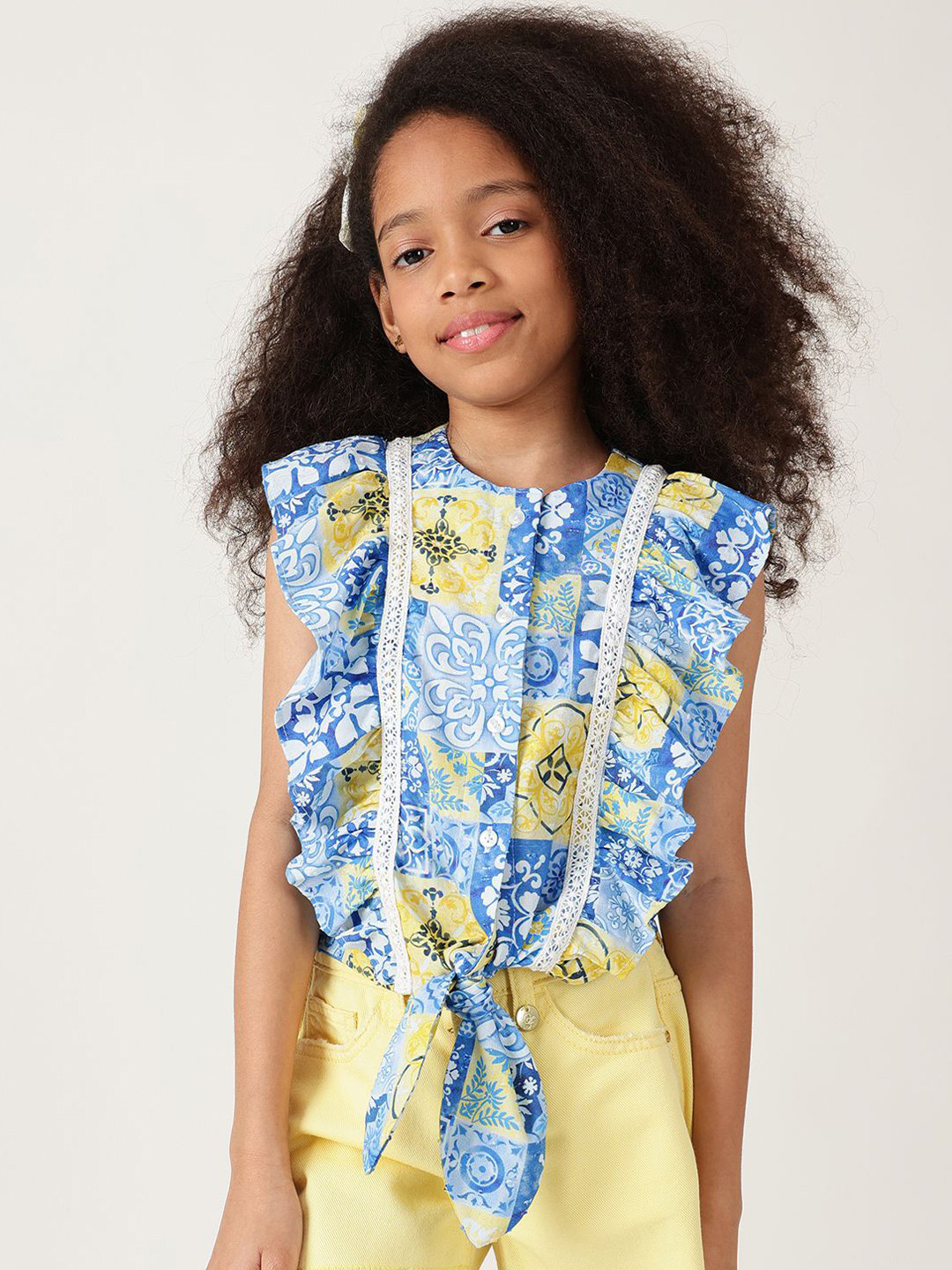One Friday Girls Flower Print Flutter Sleeve Pure Cotton Top
