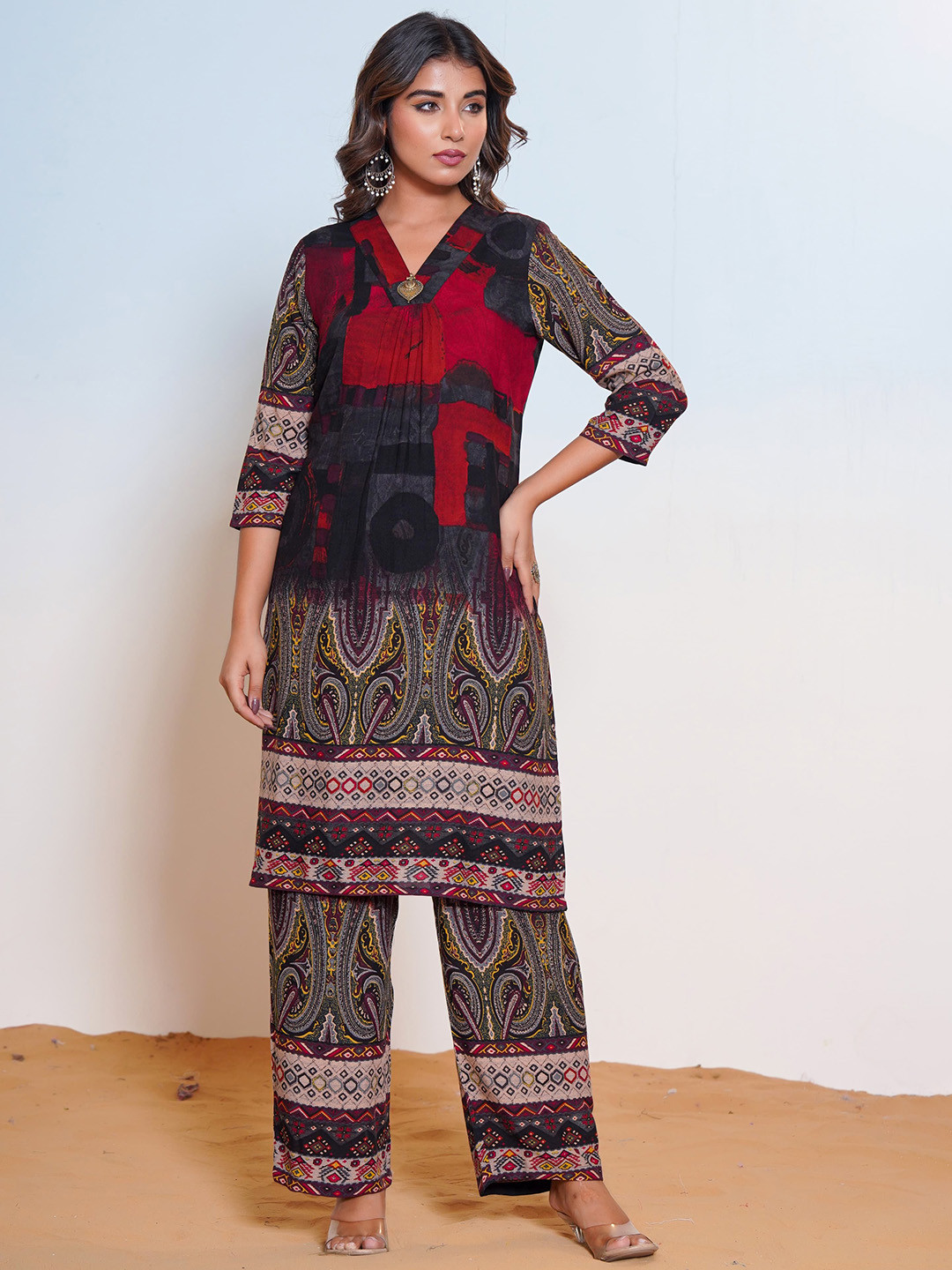 AUTUMN LANE Mika Scarlet Ethnic Motifs Printed Pure Cotton Straight Kurta With Palazzo