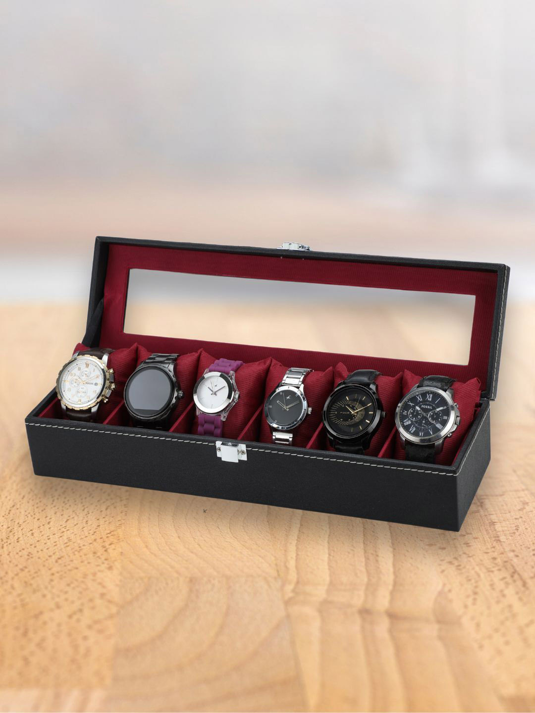 ZENWOOD Black And Red 6 Slots Watch Organiser Box