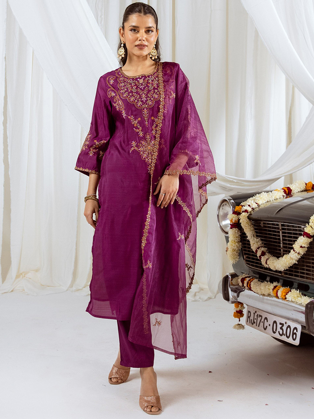 Sangria Floral Embroidered Sequinned Muslin Silk Kurta With Trousers & Dupatta