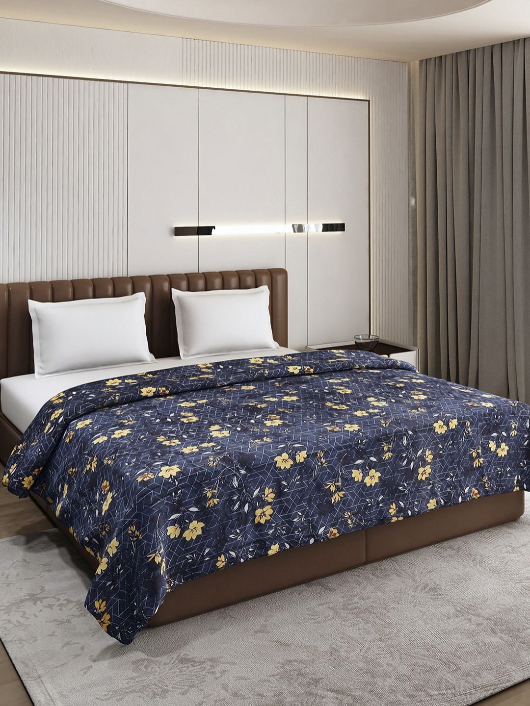 Monte Carlo Blue & Yellow Floral Printed AC Room 210 GSM Double Bed Blanket