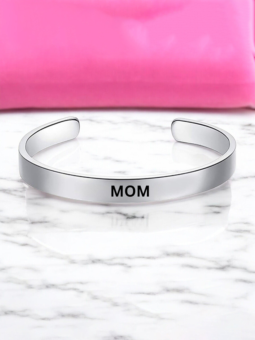 M Men Style Men Silver-Plated Stainless Steel Mom Memorial Printed Kada Bracelet