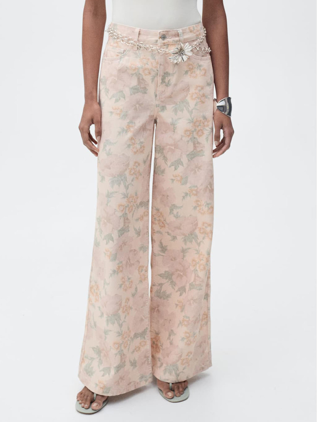 MANGO Women Mid-Rise Floral Printed Pure Cotton Wide Leg Jeans