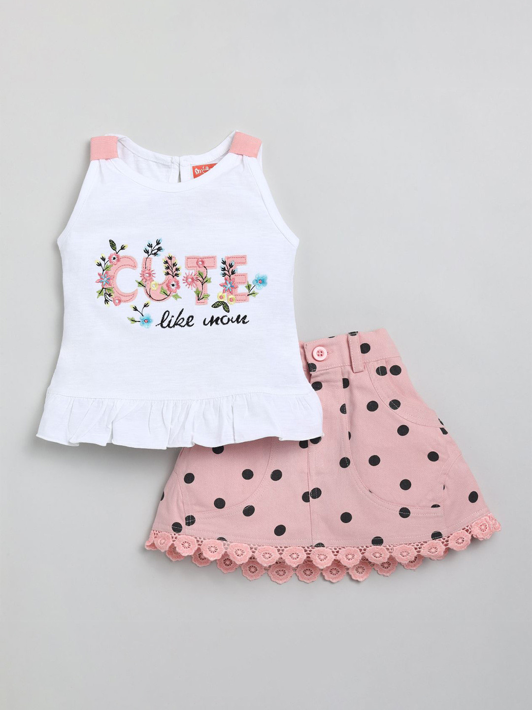 SNUGGLY MONKEY Girls Floral Embroidered Round Neck Pure Cotton Top With Skirt