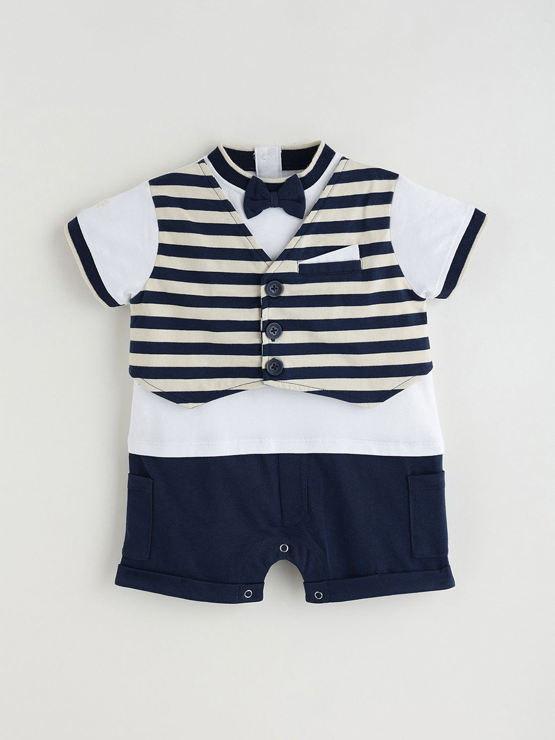 One Friday Infant Blue Short Sleeve Striped Printed Rompers