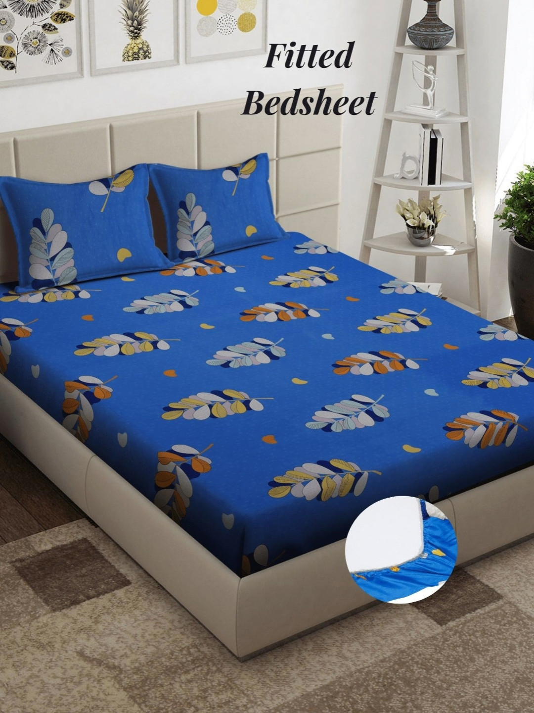Arrabi Blue Floral Cotton 300 TC Fitted King Fine Bedsheet with 2 Pillow Covers-100 x 80 inches