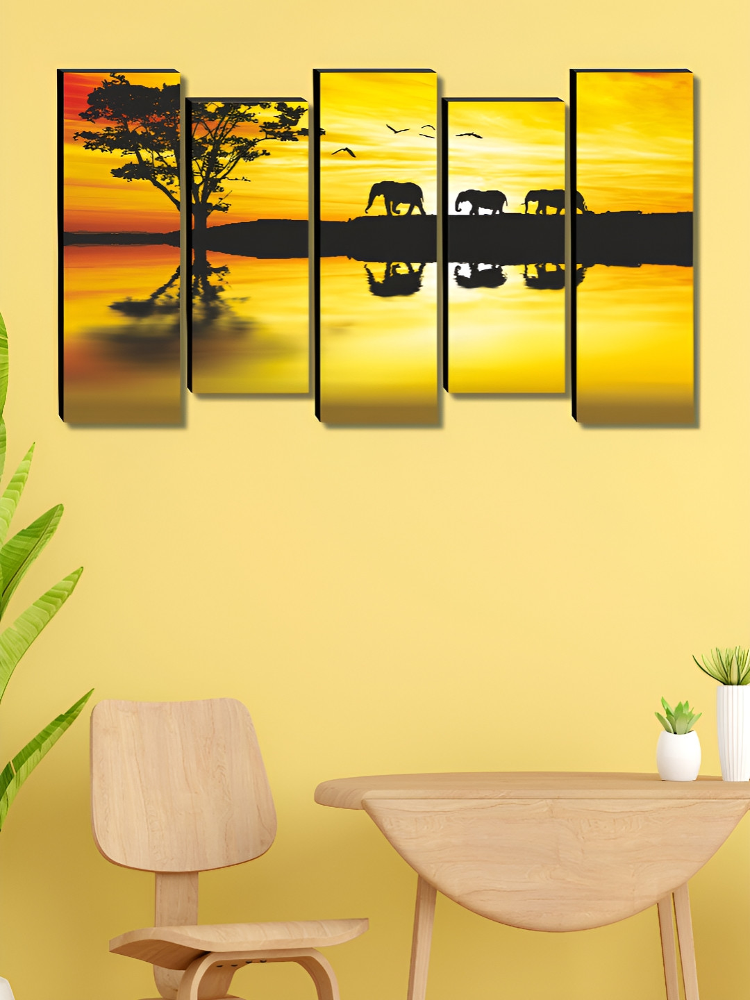 SAF Yellow & Black 5 Pieces Elephants Wooden Wall Art