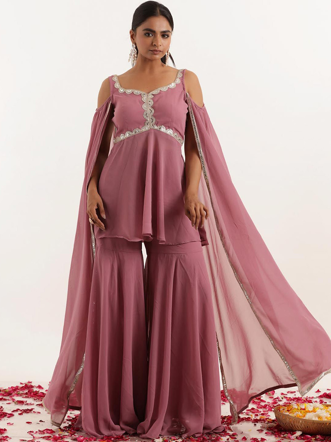 DEASHA INDIA Rhea Floral Embroidered Empire A-Line Georgette Kurti With Sharara & Dupatta