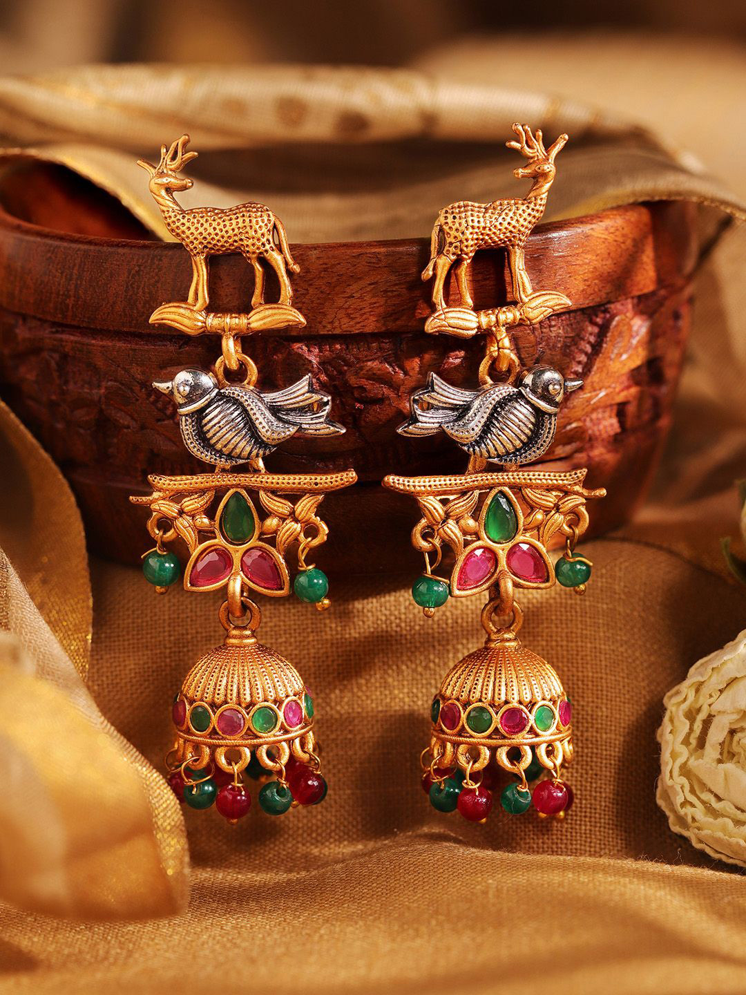 Priyaasi Gold Plated Artificial Stones and Beads Sparrow Flora-Fauna Dome Shaped Jhumkas