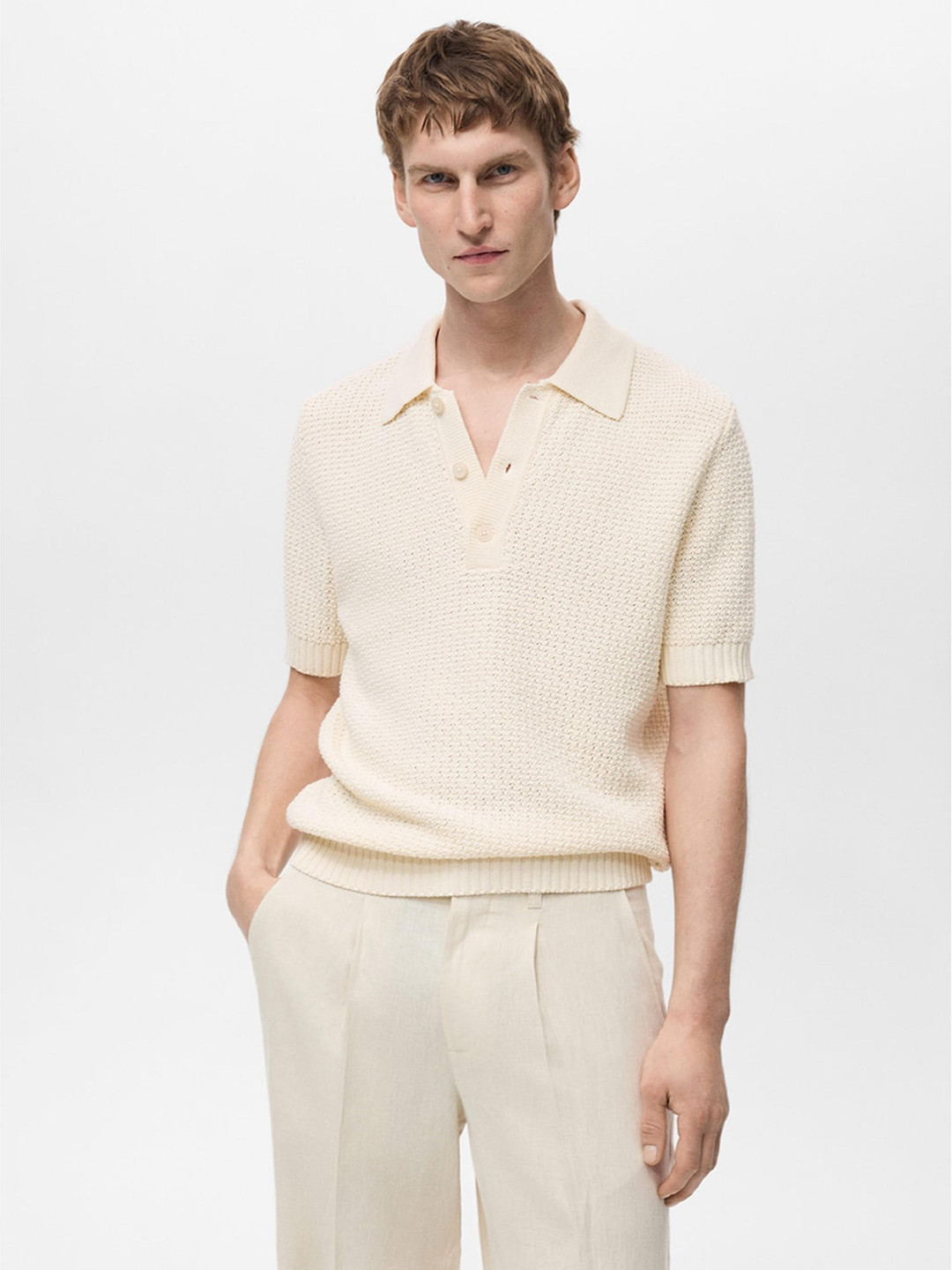 MANGO MAN Open Knit Polo Collar T-shirt