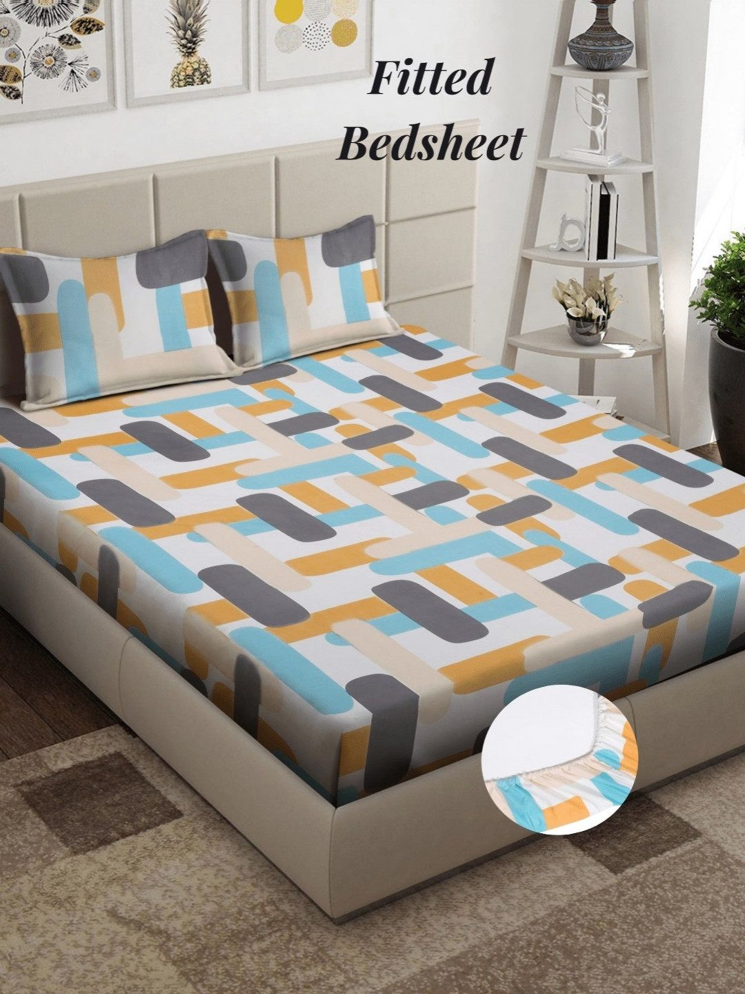 Arrabi White Abstract Polycotton 300 TC Fitted King Fine Bedsheet with 2 Pillow Covers-254 x 203 cm