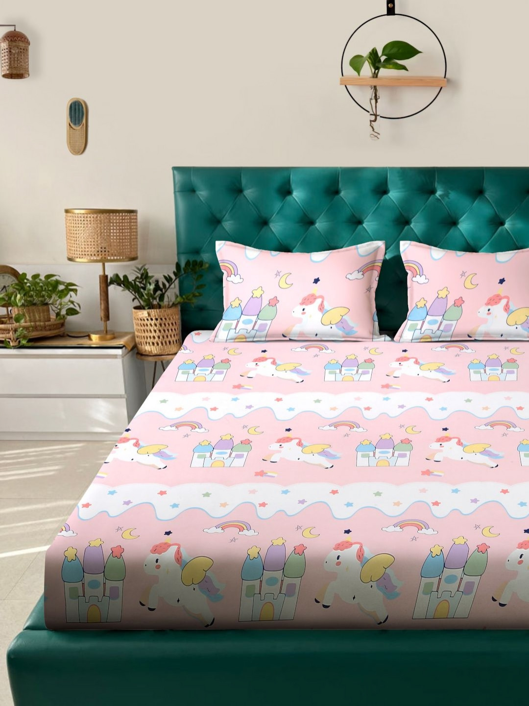 Arrabi Pink Cartoon Characters Cotton 310 TC Fitted King Fine Bedsheet with 2 Pillow Covers-254 x 218 cm