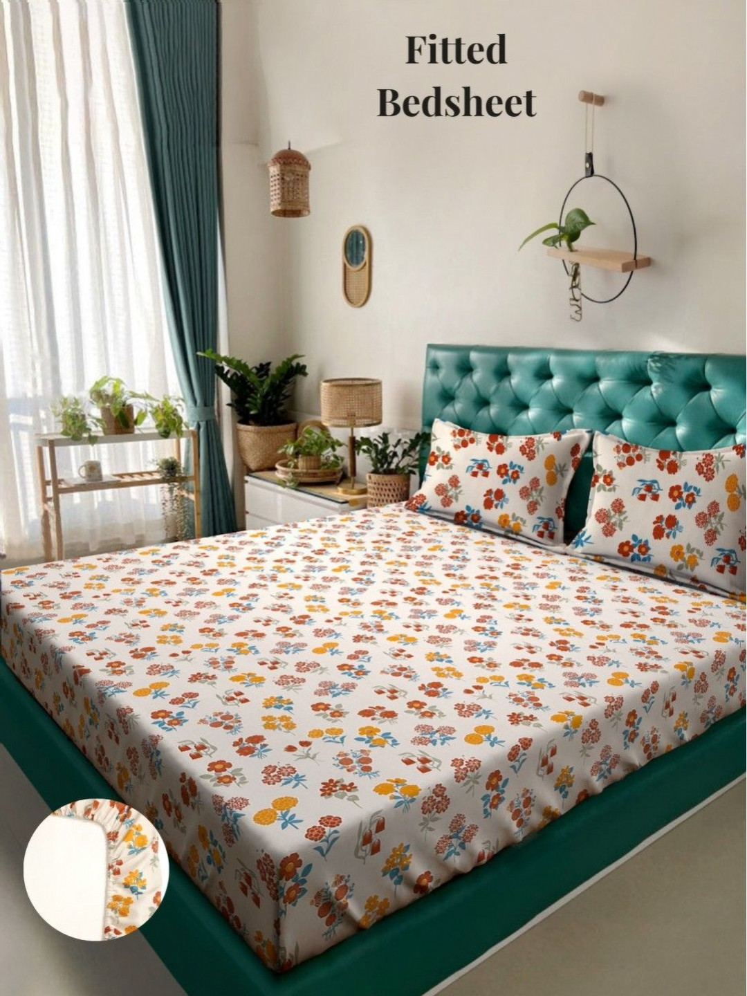 Arrabi Cream Floral Cotton 310 TC Fitted Super King Fine Bedsheet with 2 Pillow Covers-100 x 80 inches