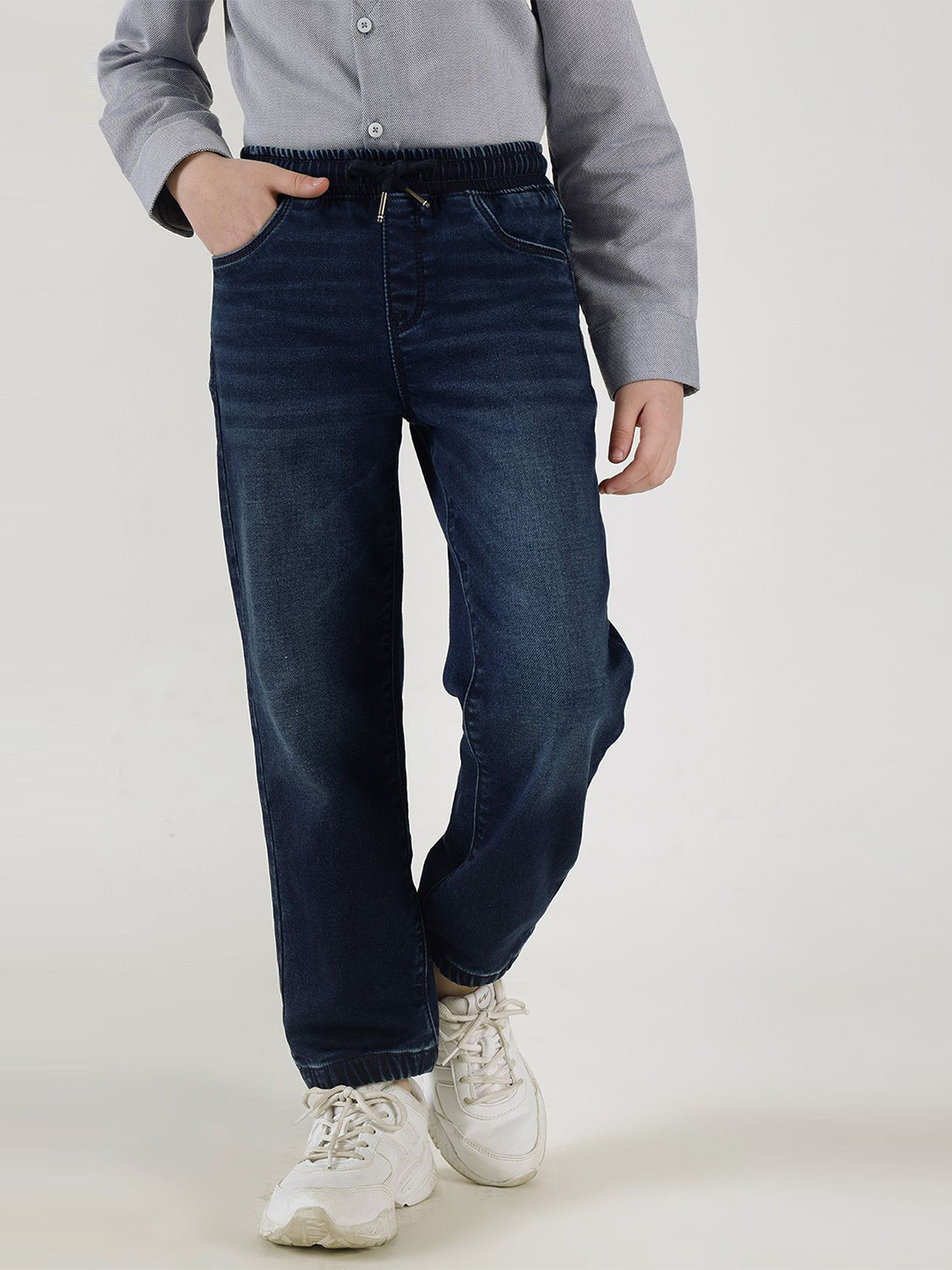 One Friday Boys Blue Denim Light Fade Mid-Rise Stretchable Jogger Jeans