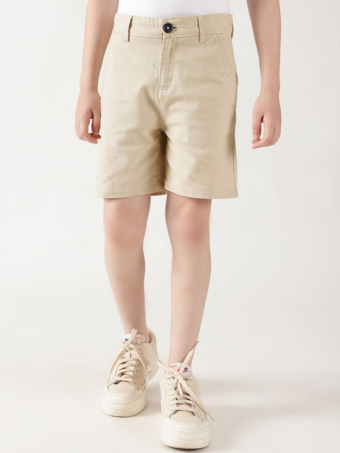 One Friday Boys Beige Regular Fitted Solid Cotton Chino Shorts