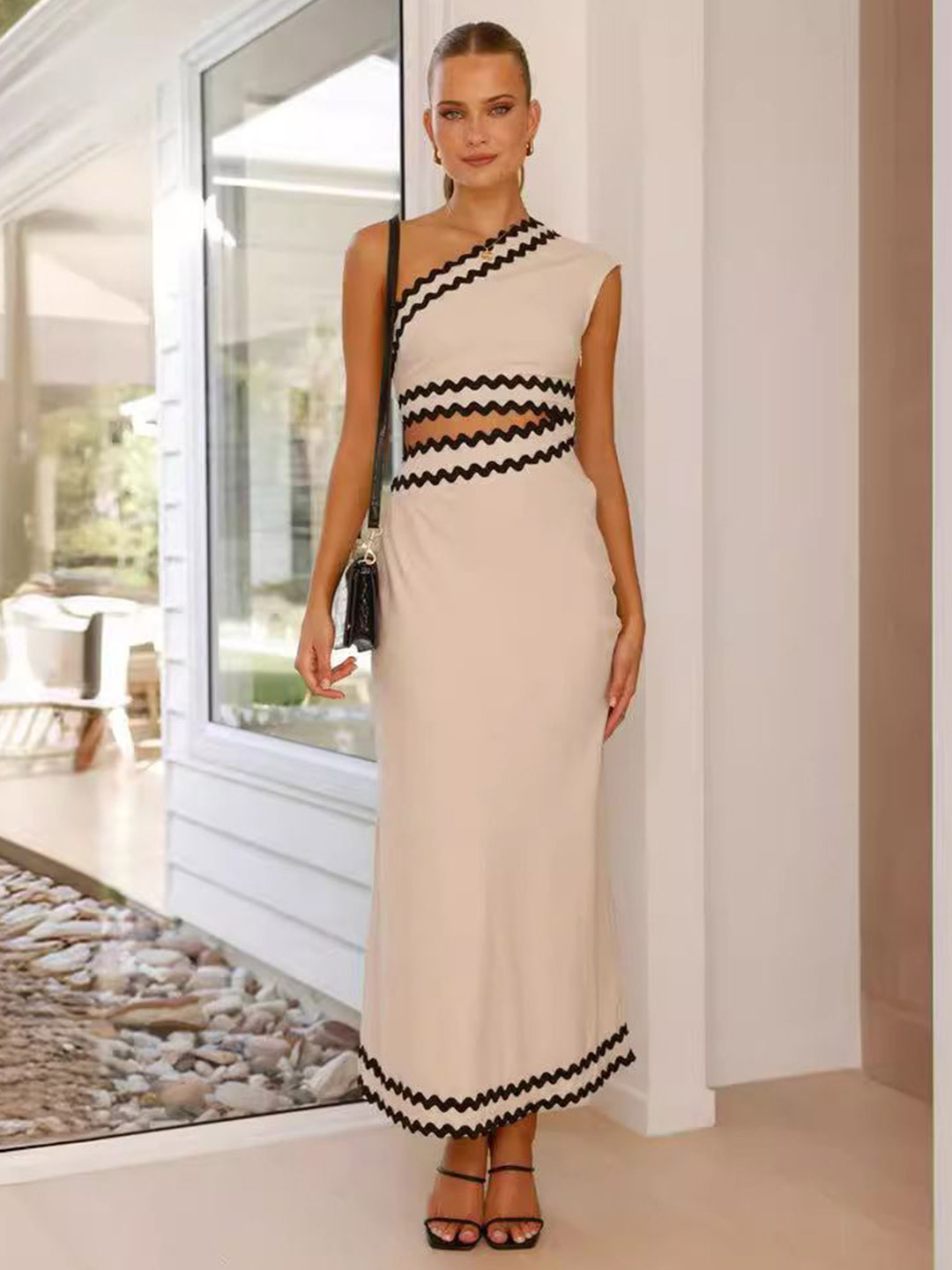 MIAKEE Women Cut-Outs One Shoulder Maxi Dress