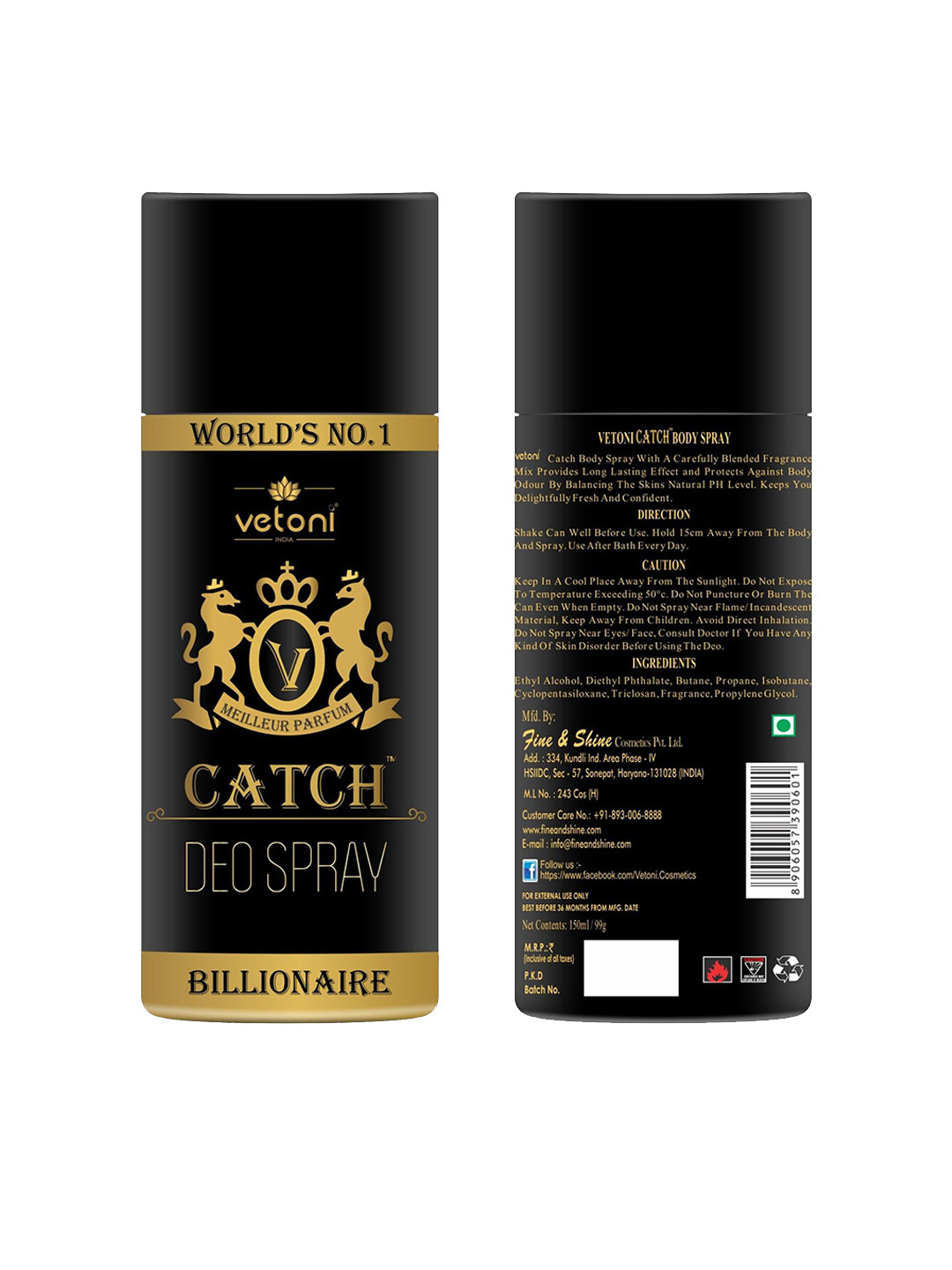 VETONI Billionaire Catch Long Lasting Deodorant Spray - 165ml