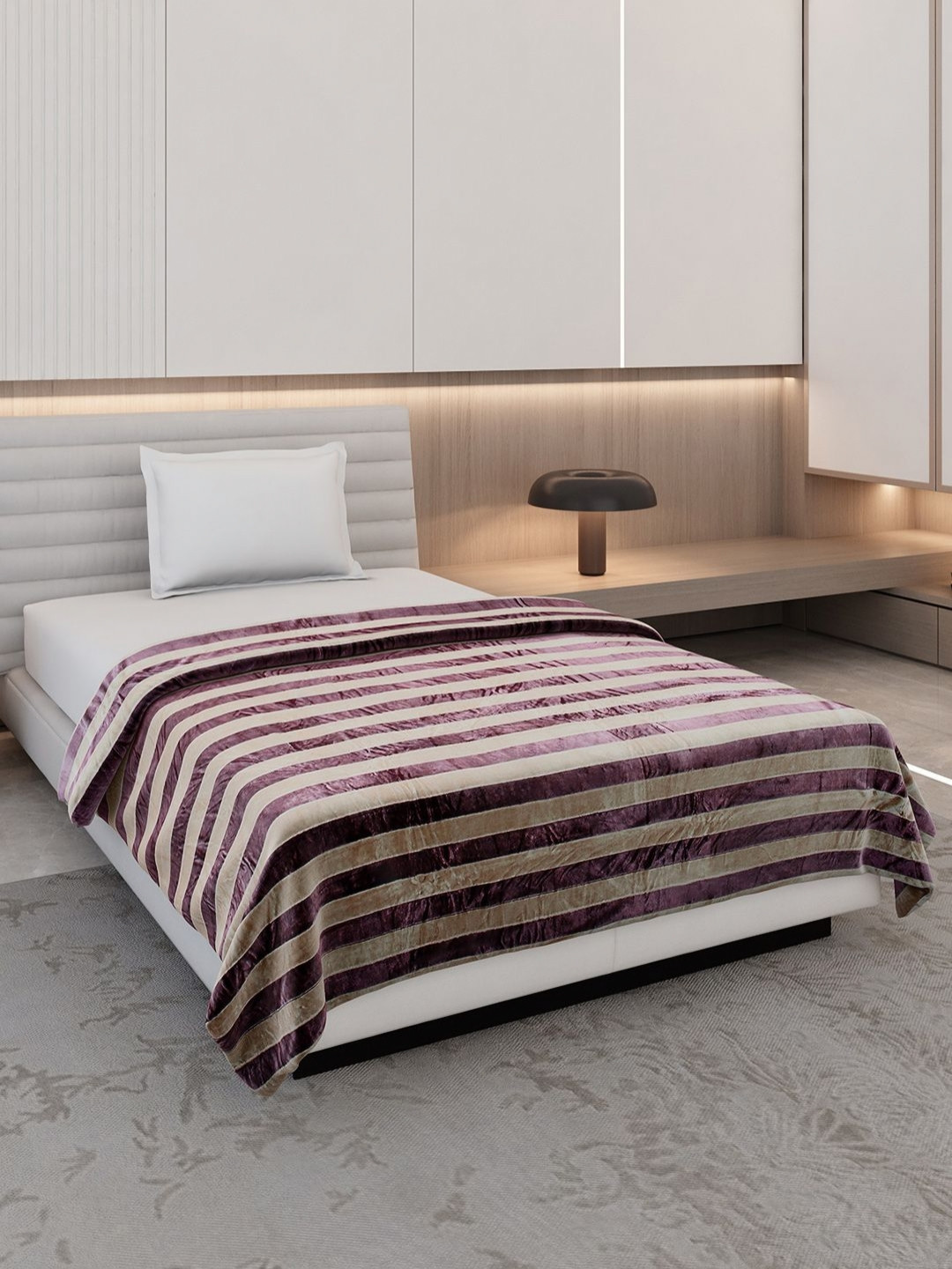 Monte Carlo Burgundy & Beige Striped AC Room 300 GSM Single Bed Blanket