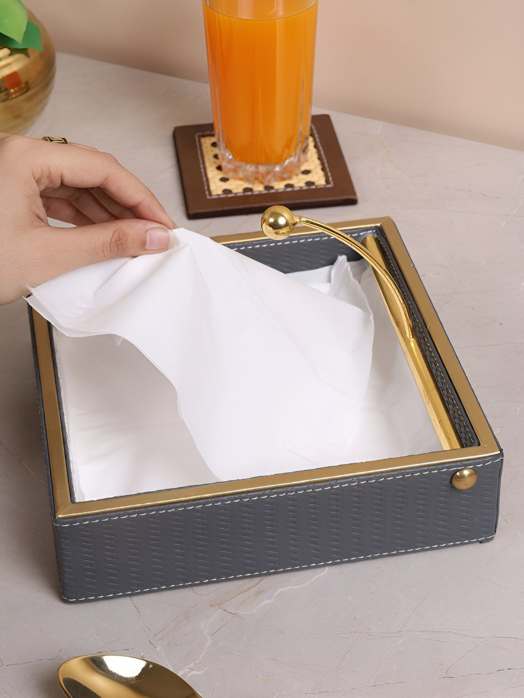HOME 360 Grey & Gold Toned Leather Tissue Holders