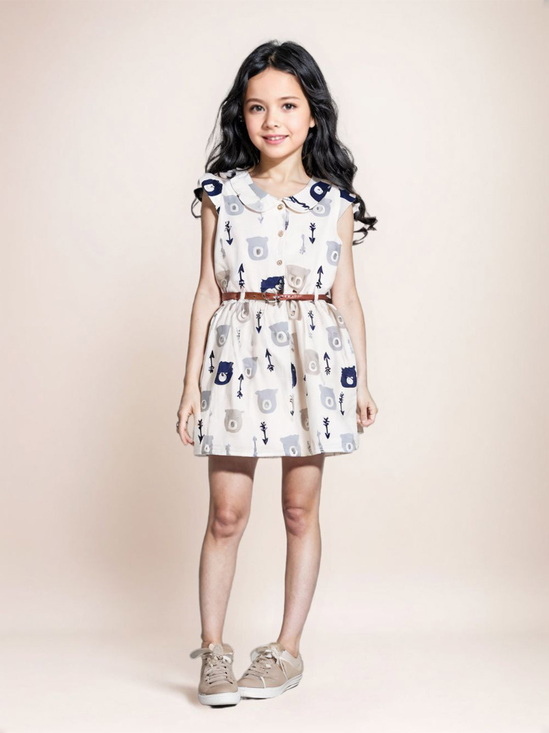 Lil Lollipop Girls Pure Cotton Printed Cap Sleeves Peter Pan Collar A-Line Dress With Belt