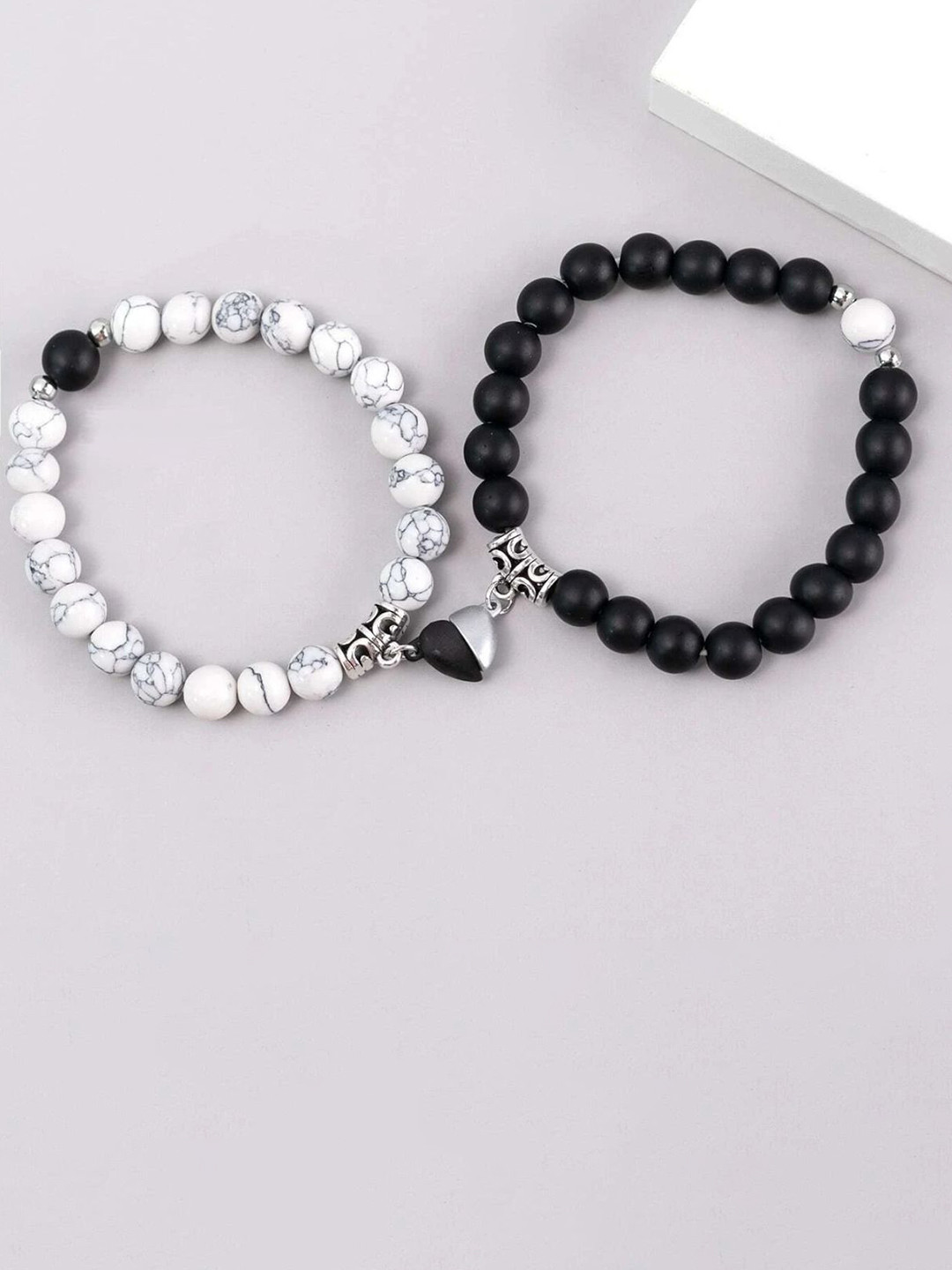 SZN Unisex Set Of 2 Artificial Beaded Magnetic Couple Elasticated Bracelet