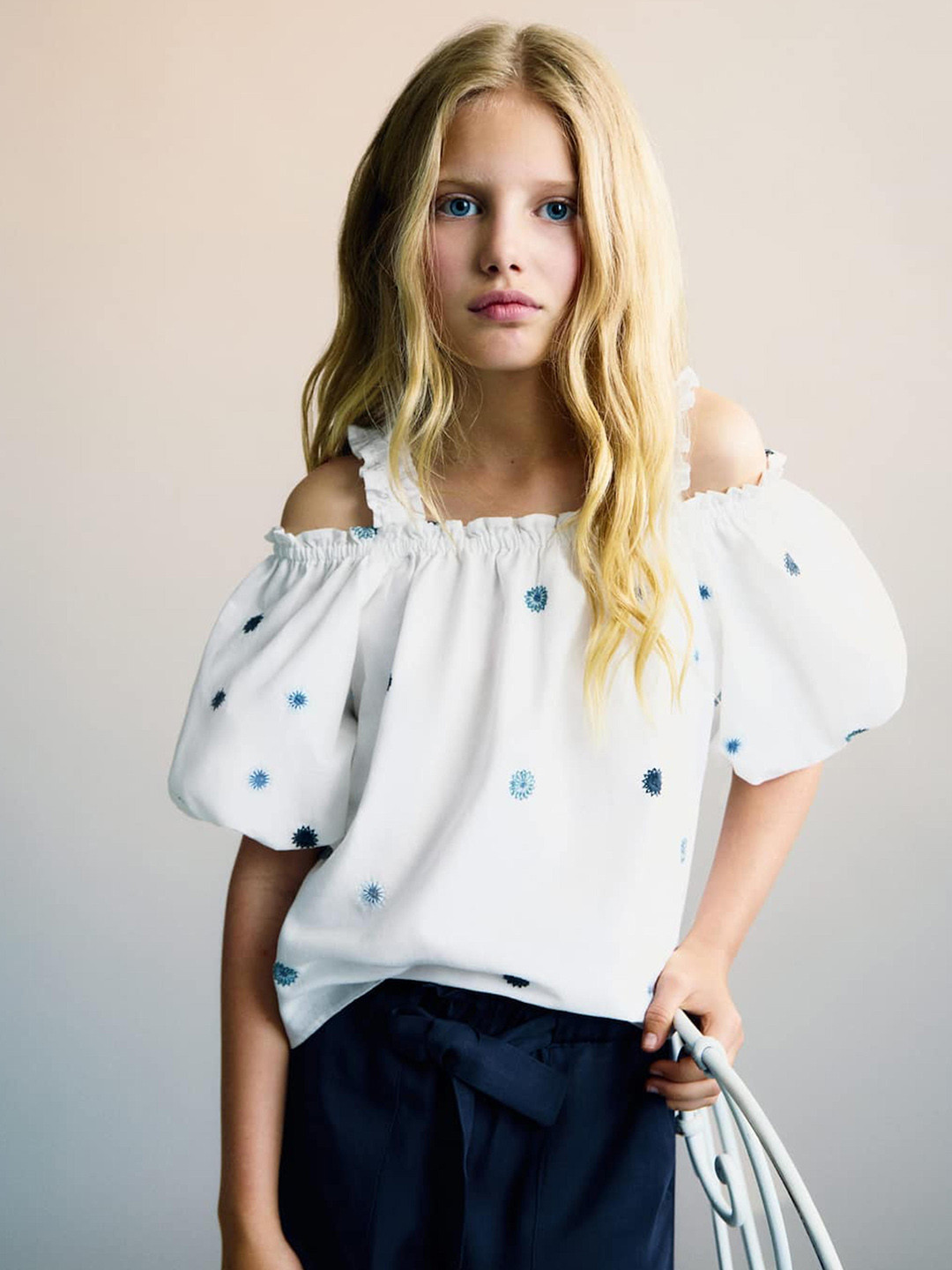 Mango Kids Girls Geometric Embroidered Off-Shoulder Puff Sleeve Cotton Bardot Top