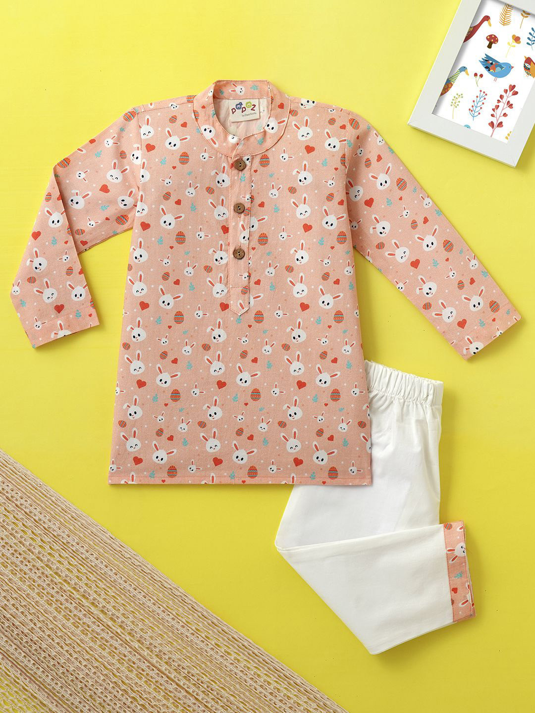 Desi Soota Boys Bunny Printed Mandarin Collar Pure Cotton Kurta With Pyjamas