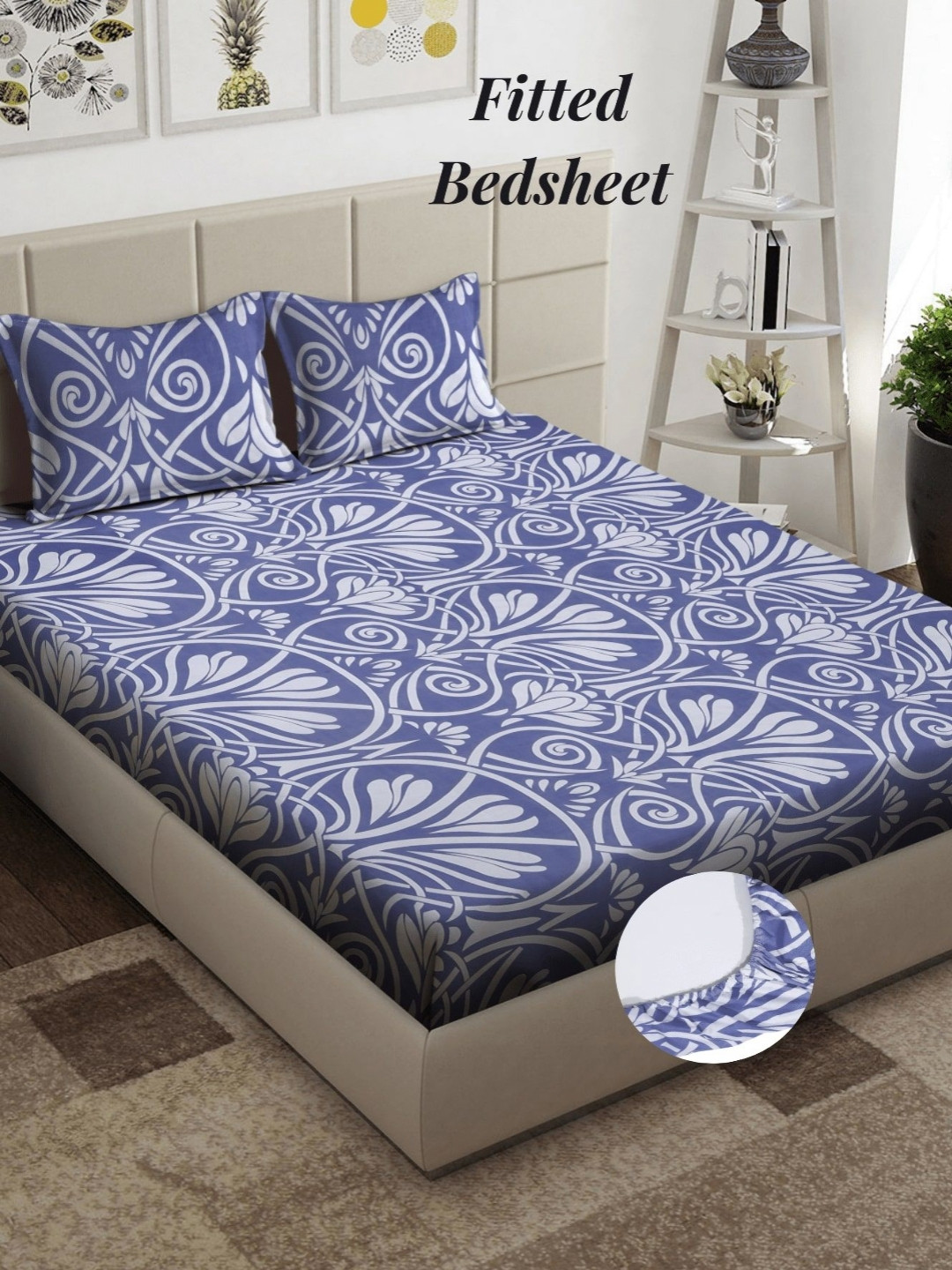 Arrabi Purple Floral Cotton 300 TC Fitted King Fine Bedsheet with 2 Pillow Covers-100 x 80 inches