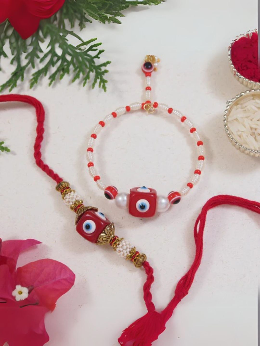 I Jewels 2 Pieces Enamel Evil Eye Bhaiya Bhabhi Lumba Rakhi Set With Roli Chawal