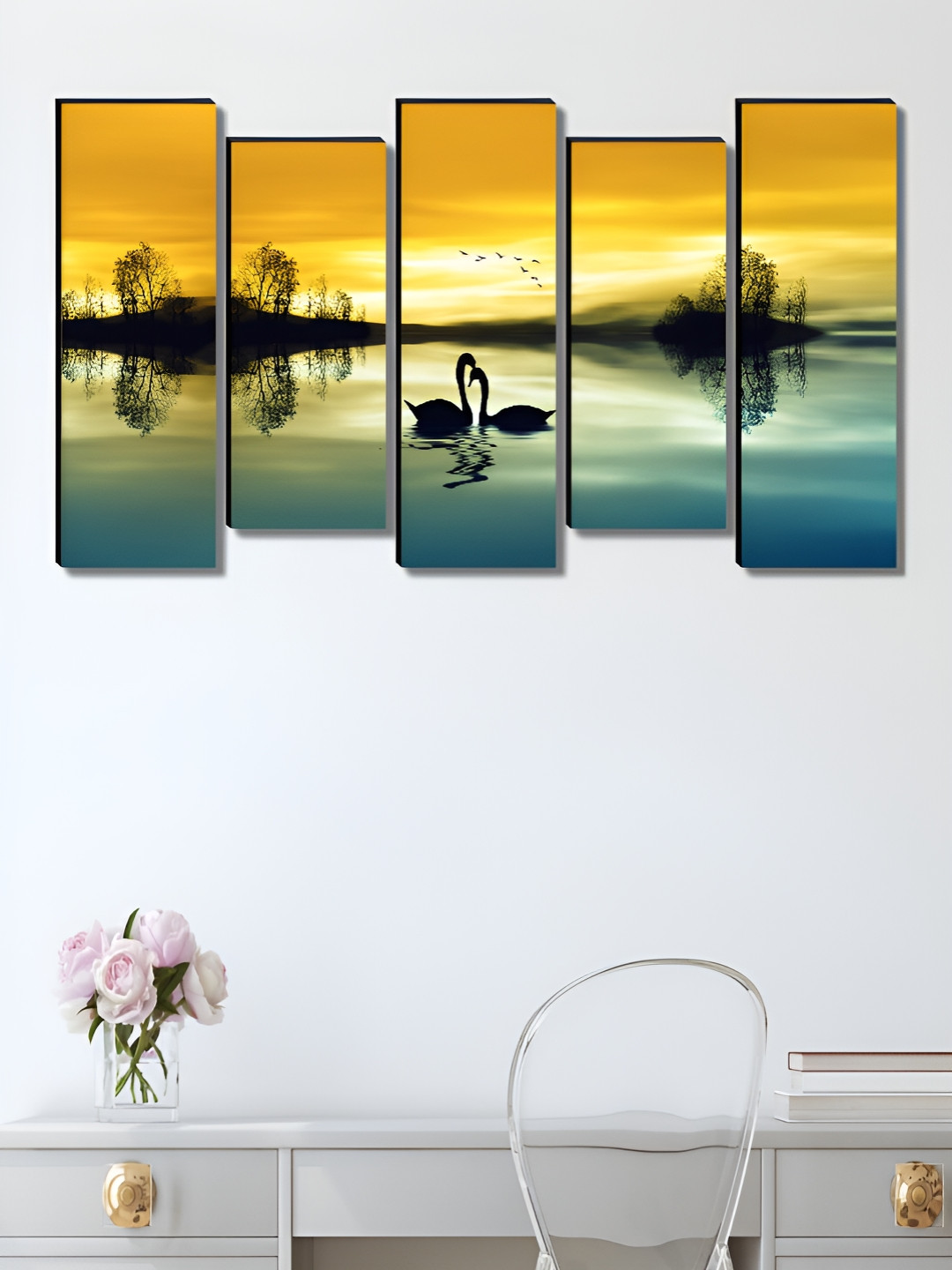 SAF Yellow & Black 5 Piece Duck Printed Wooden Wall Arts
