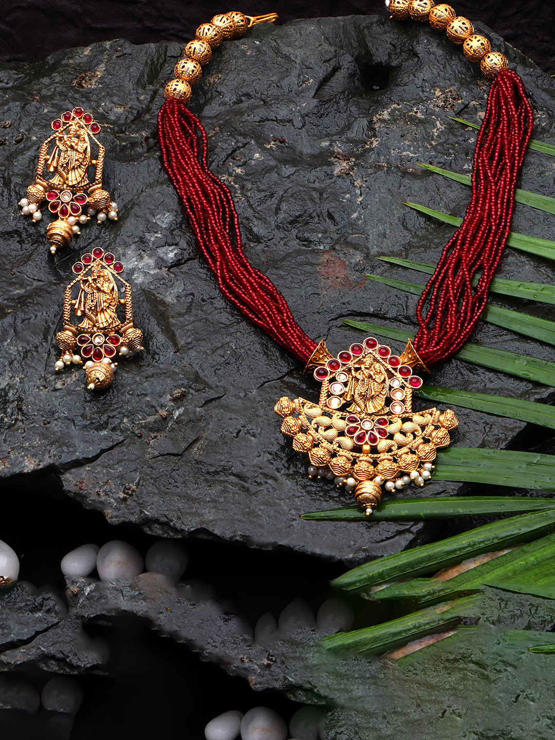 JYONA Gold-Plated Stones Studded & Beaded Radha Krishna Choker Jewellery Set