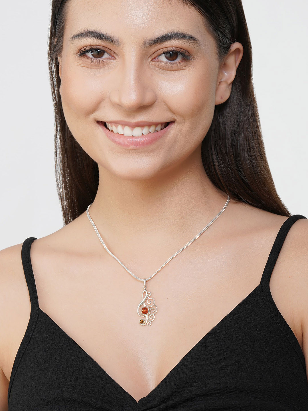 Asteri Shine On Sterling Silver Green European Baltic Amber Ornate Treble Clef Music Note Pendant