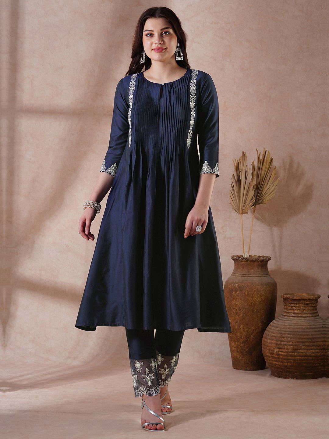 Globus Round Neck Embroidered Detail Pleated A-Line Kurta With Lace Hem Pants Festive Set