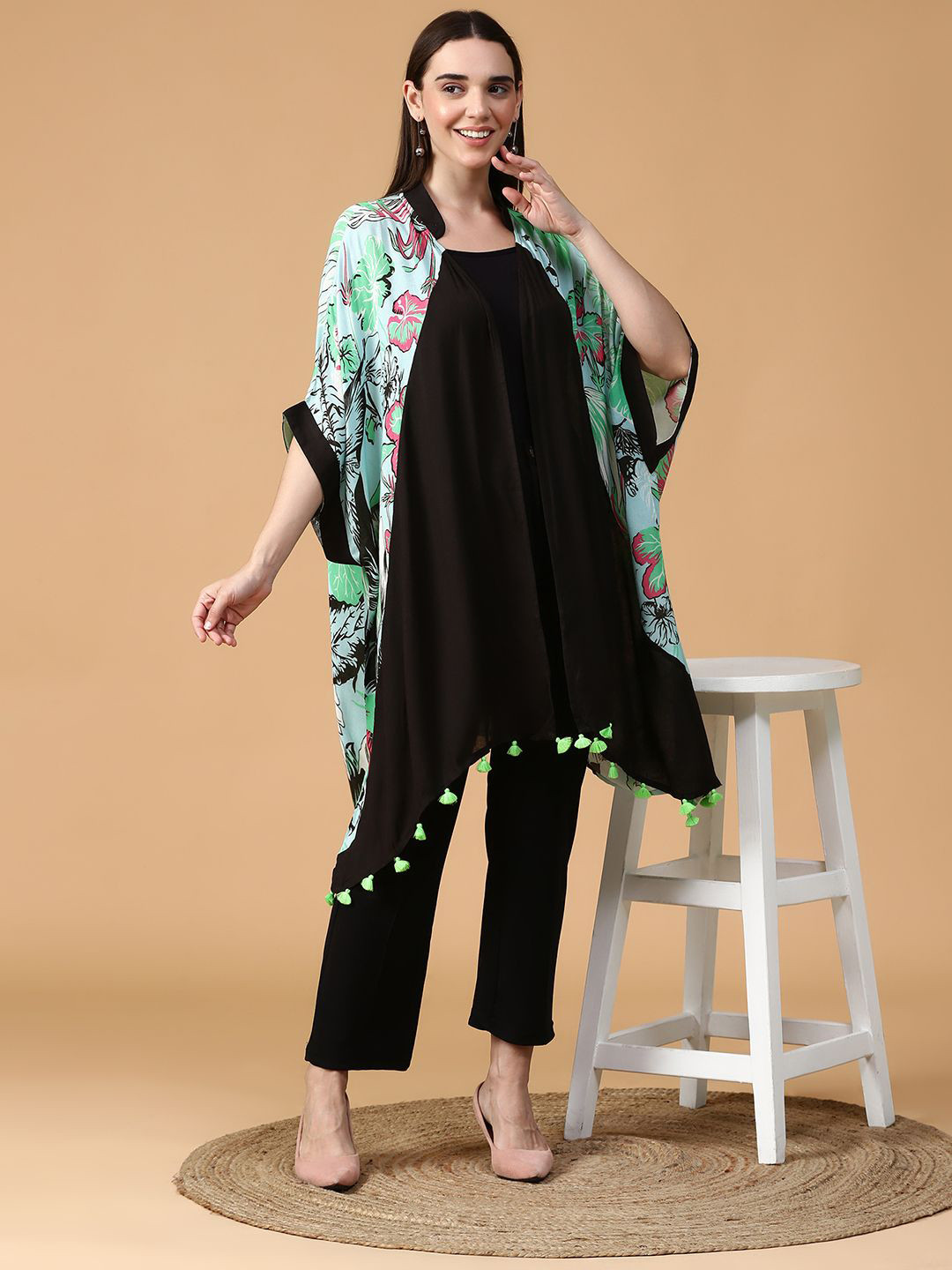 Tiara Floral Printed Mandarin Collar Open Front Shrug