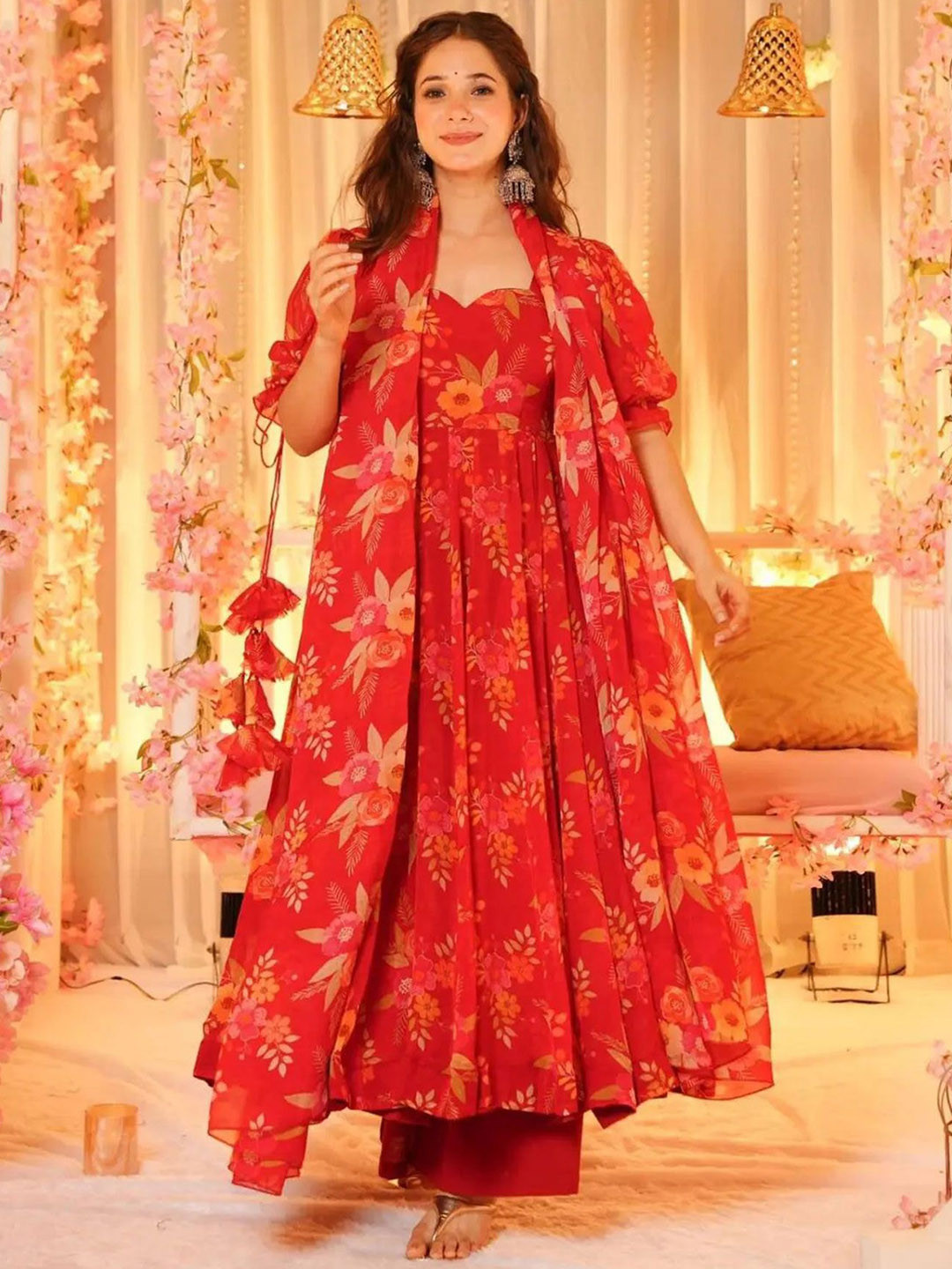 TextileNow Floral Printed Organza Anarkali Kurta With Palazzos & Dupatta