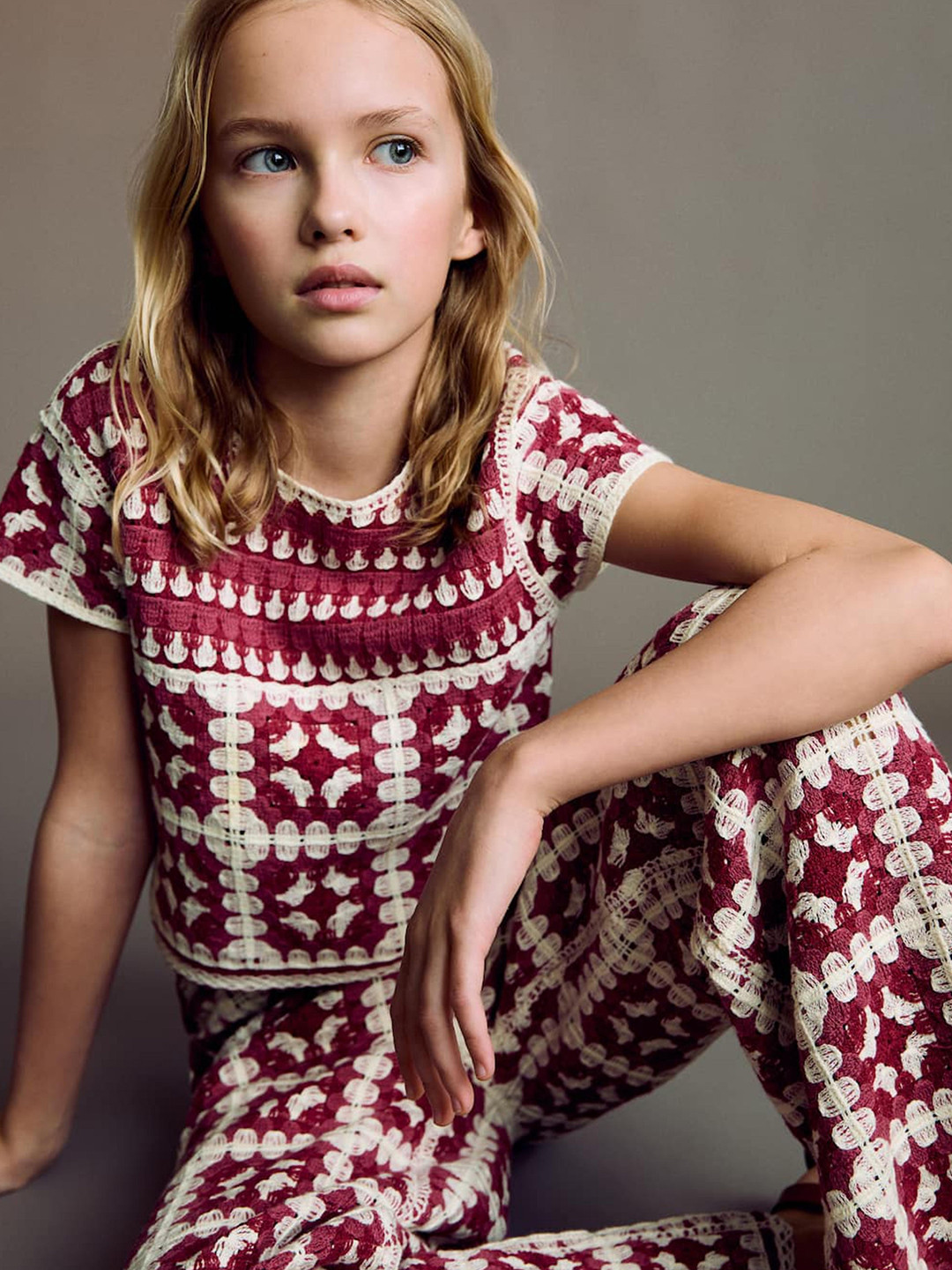 Mango Kids Girls Cotton Floral Self Design Parallel Trousers