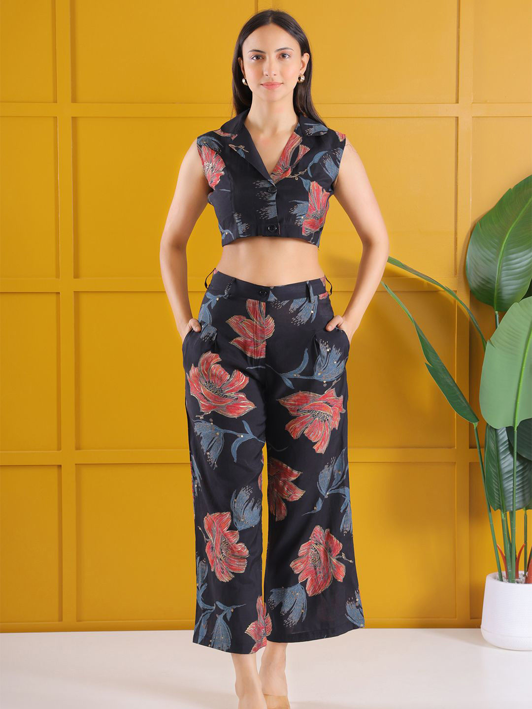 DARVI Dusky Rose Printed Notched Lapel Collar Top With Trouser