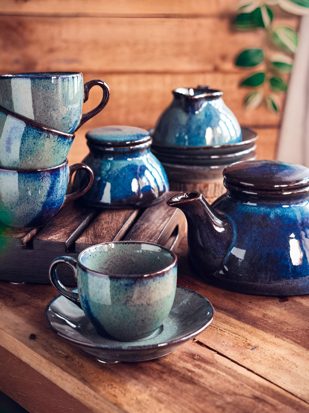 AMALAFIEE CERAMICS  Aadhira Blue & Black 7 Pieces Ceramic Tea Set