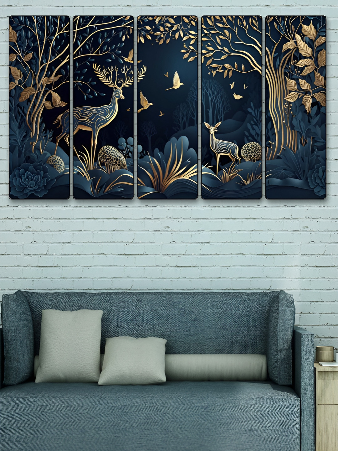 SAF Blue & Gold-Toned 5 Piece Deer Canvas Wall Arts