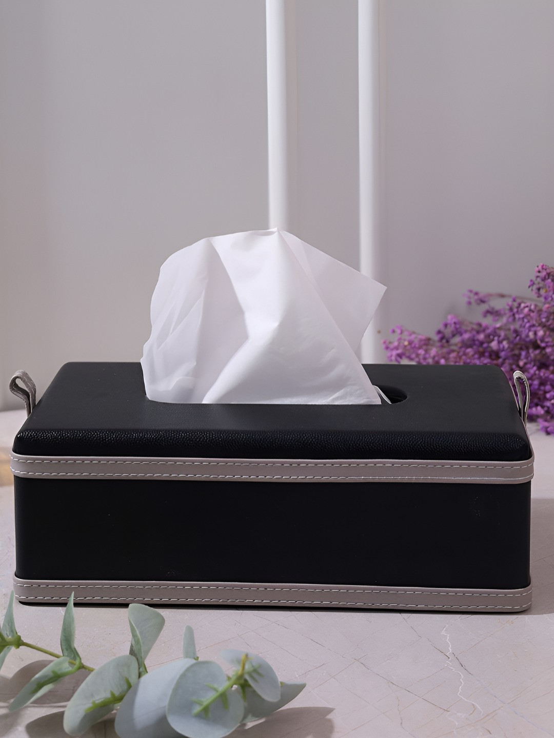 HOME 360 Black & Grey Textured Leather Tissue Holder